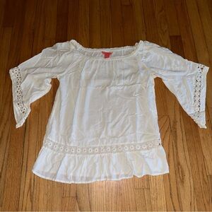 sunny leigh off shoulder boho top hippie flow white shirt elastic with lace trim